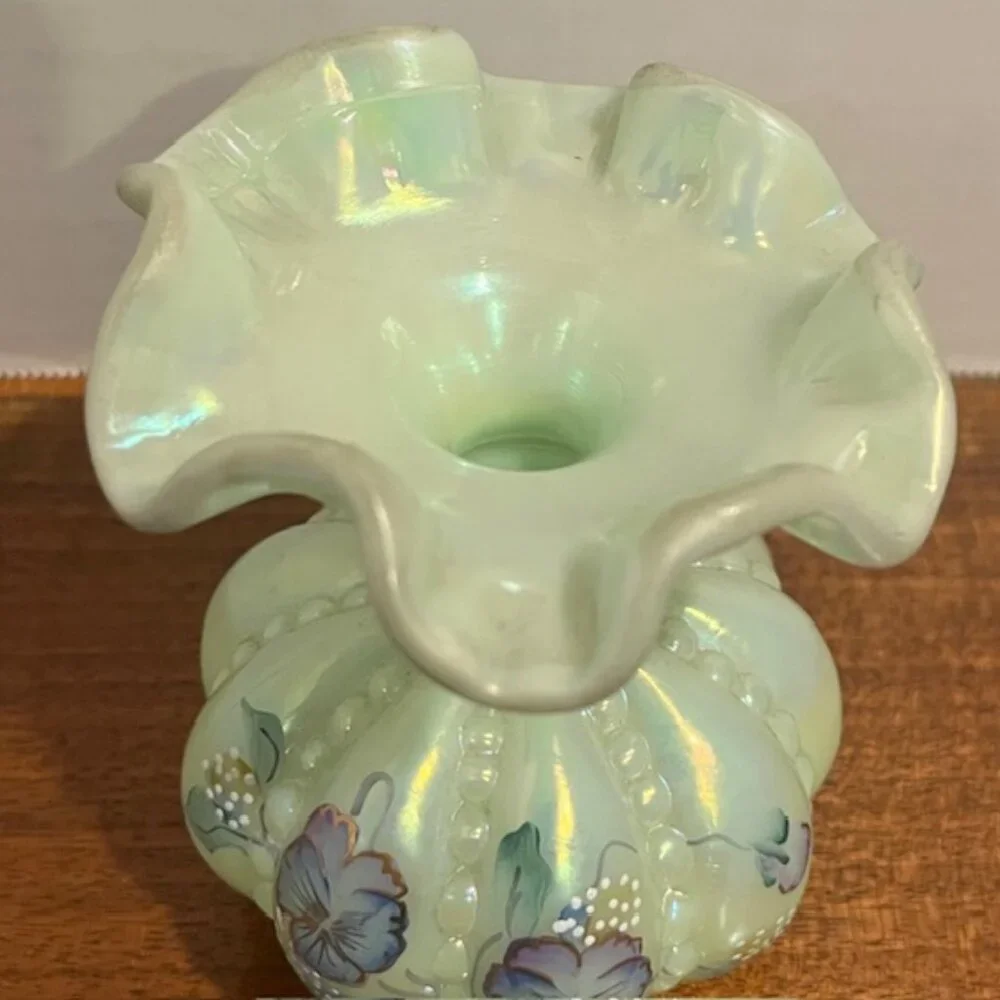 Fenton Iridized Sea Green Beaded Melon Pansies Vase Signed Frank & Tom Fenton